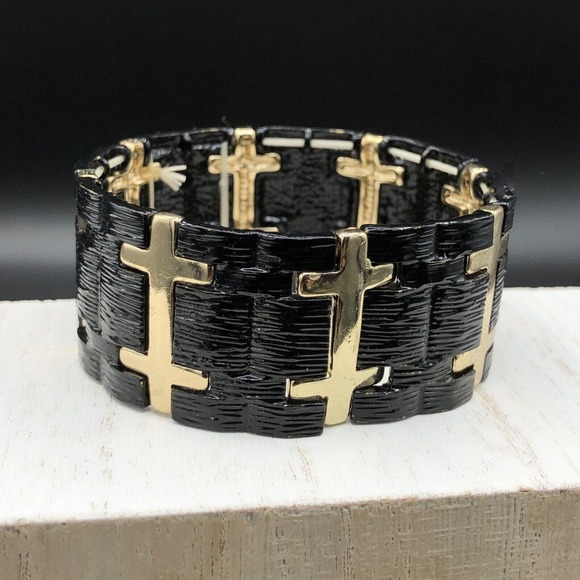 G Comet Jewelry - G. Comet Black Gold Tone Stretch Bracelet Textured Enamel Double Cross Wide Band